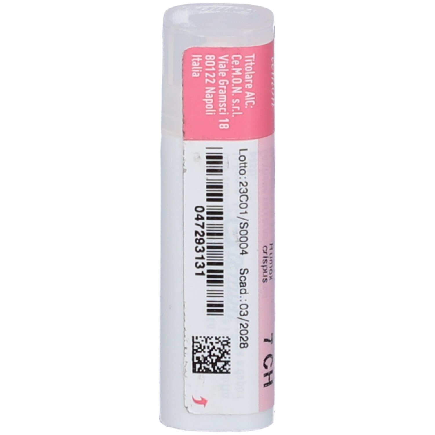 Flacone cilindrico con etichetta rosa. Codice a barre, QR code e "047293131". Scadenza: 03/2028.