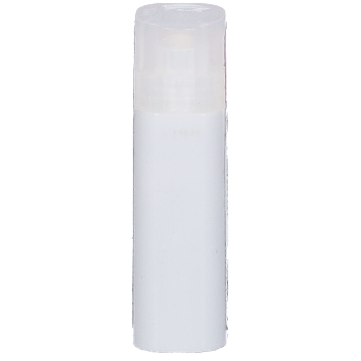 Flacone cilindrico bianco con coperchio trasparente.