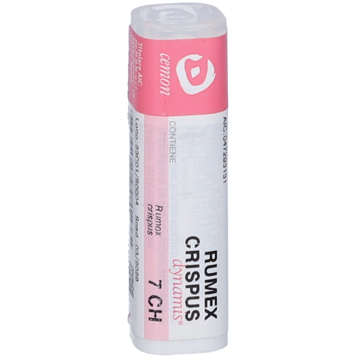Flacone cilindrico con etichetta rosa. "Rumex Crispus dynamis 7 CH" e "AIC: 047293131".