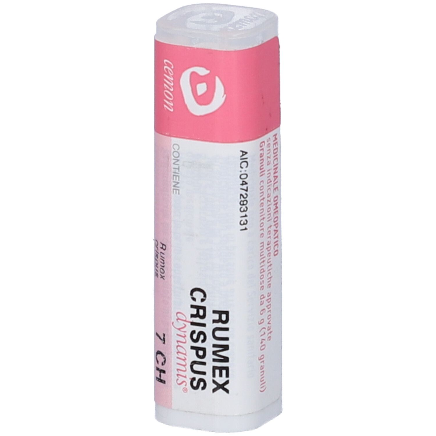Flacone cilindrico con etichetta rosa. "Rumex Crispus dynamis 7 CH" e "AIC: 047293131".