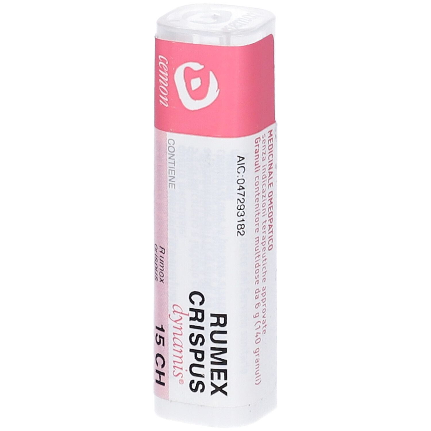 Flacone cilindrico con etichetta rosa. Testo: RUMEX CRISPUS dynamis 15 CH. "cemon" in alto.