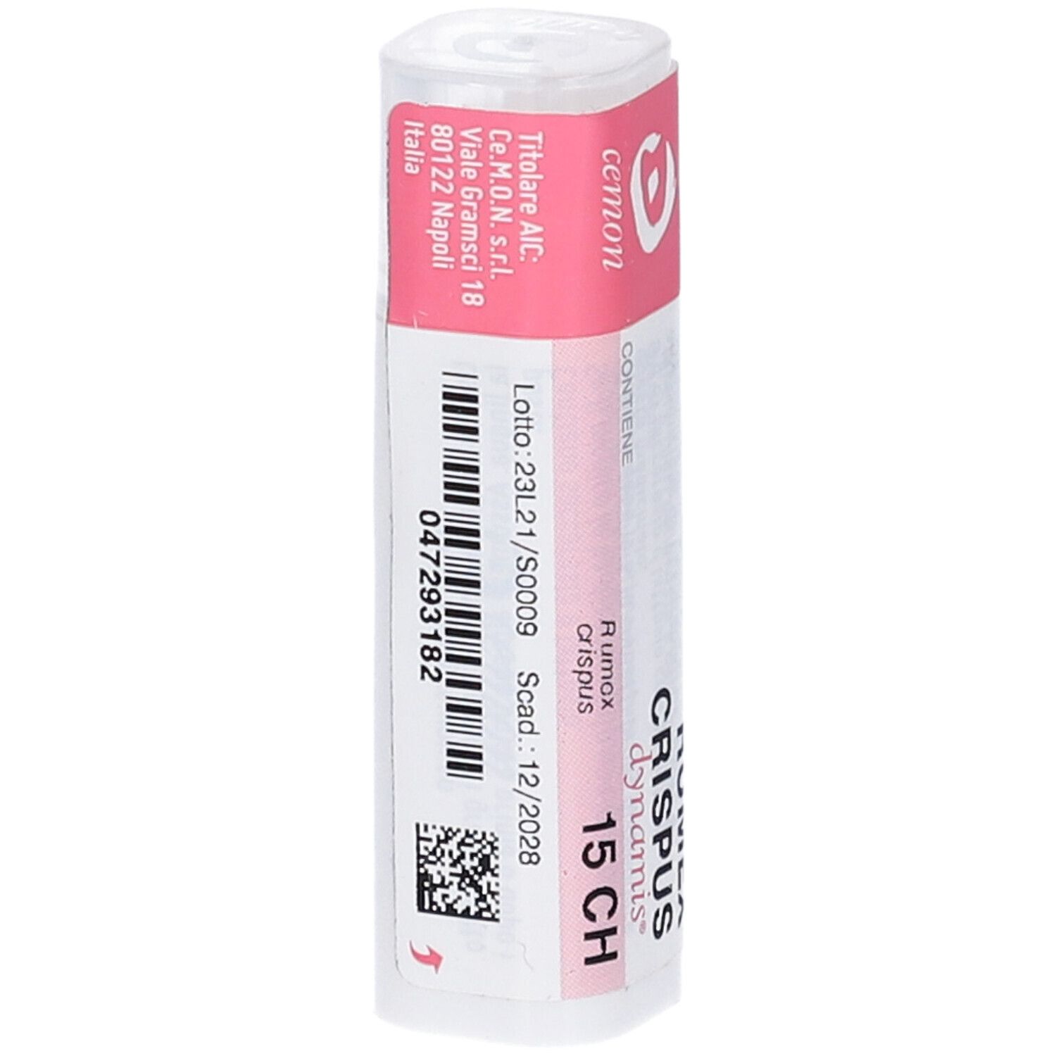 Flacone cilindrico con etichetta rosa. Testo: RUMEX CRISPUS dynamis 15 CH. "cemon" in alto.
