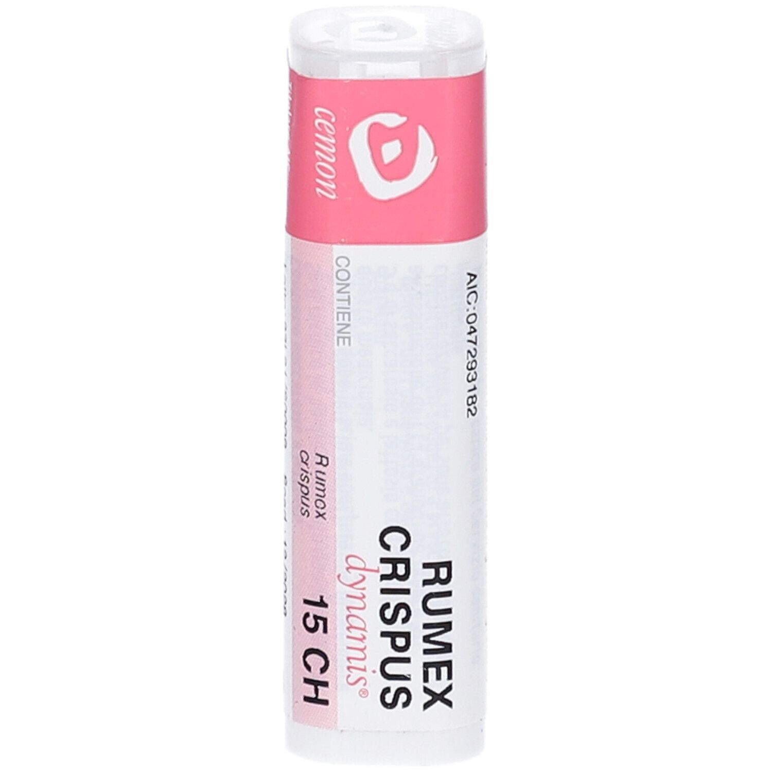 Flacone cilindrico con etichetta rosa. Testo: RUMEX CRISPUS dynamis 15 CH. "cemon" in alto.