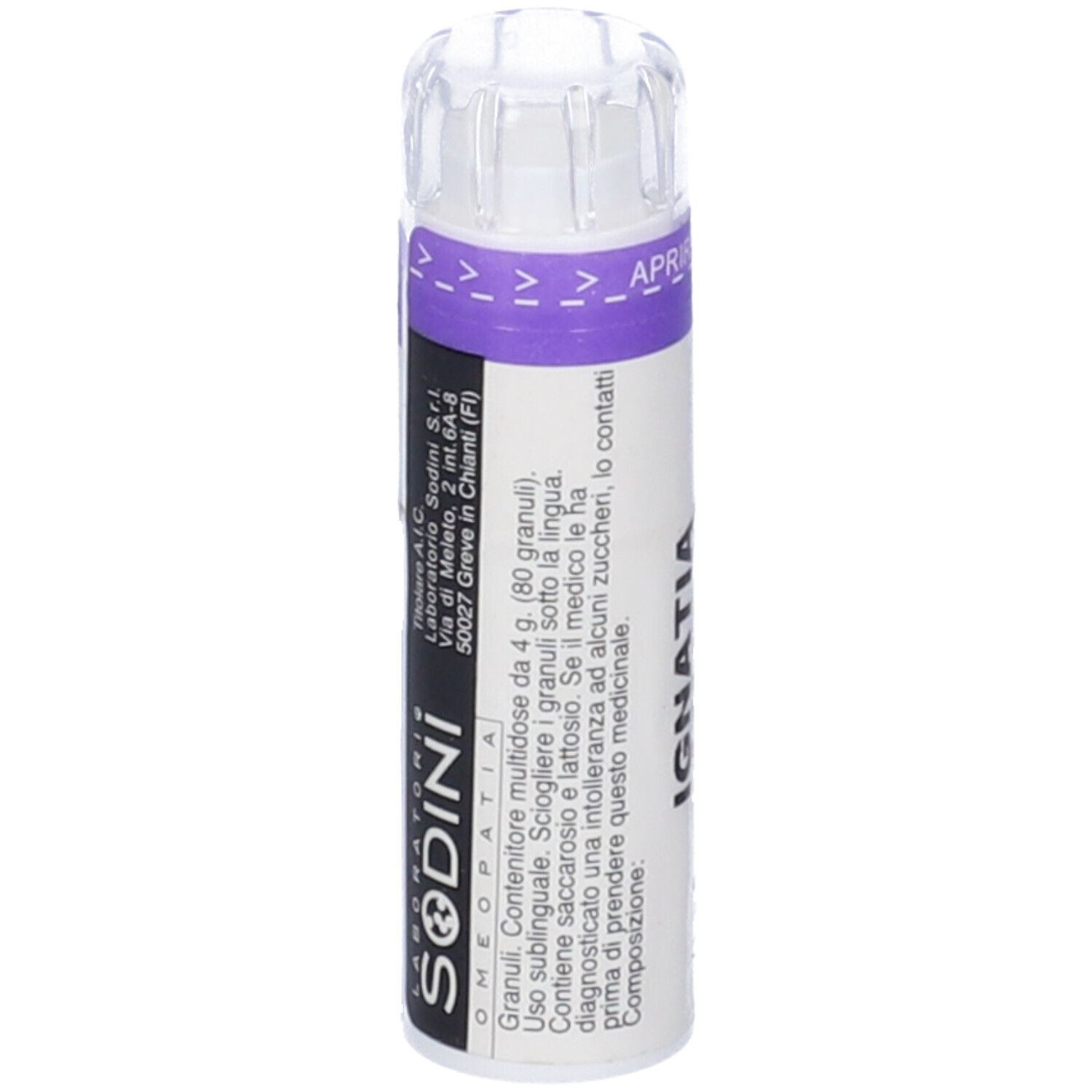 Flacone bianco con fascia viola. Scritta: SODINI, OMEOPATIA. Testo sugli ingredienti. Tappo trasparente.