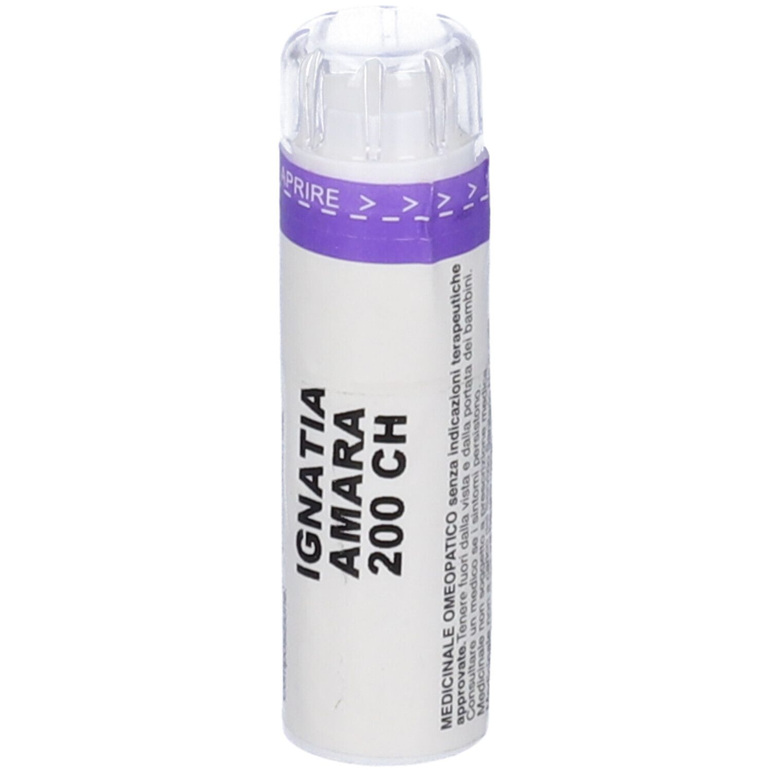 Flacone bianco con fascia viola. Scritta: Ignatia Amara 200 CH. Tappo trasparente. Testo sulle indicazioni.