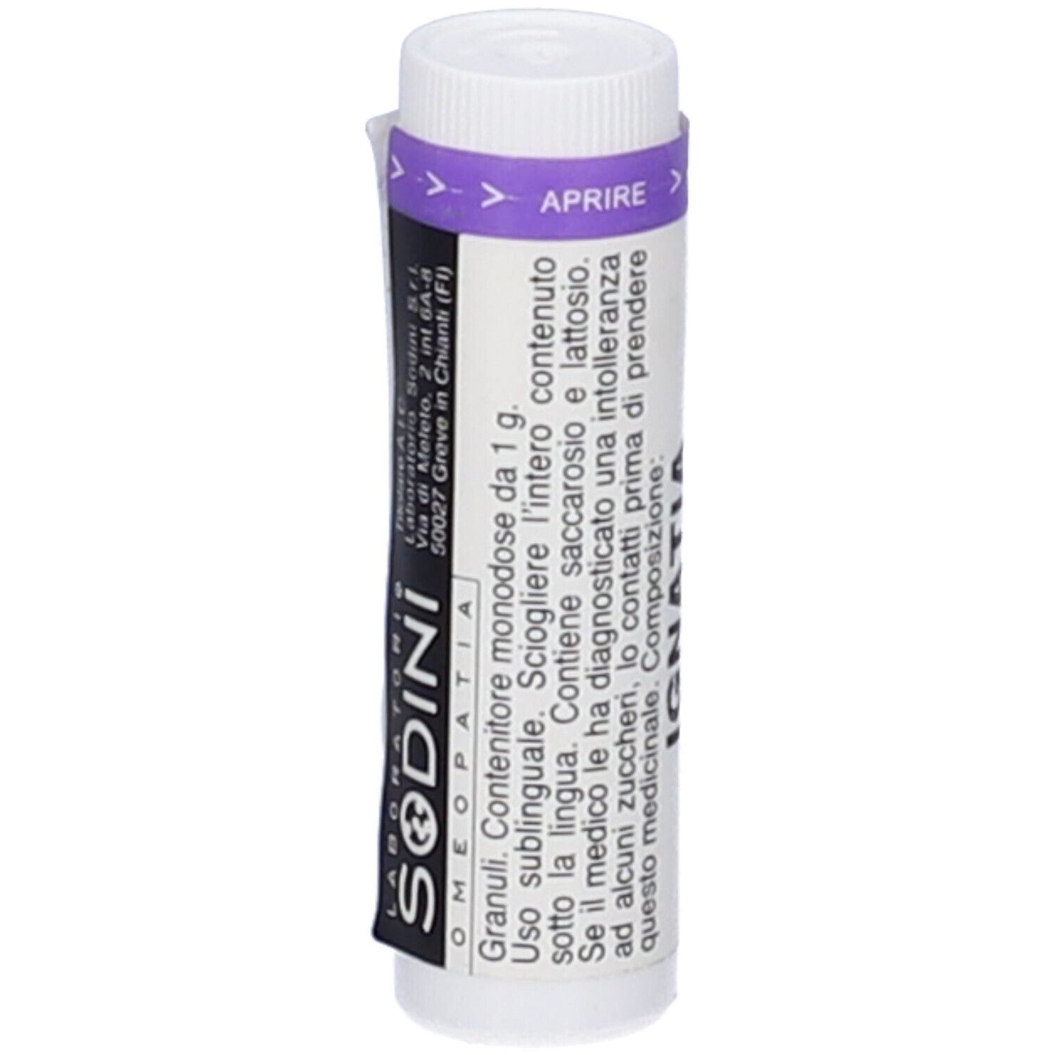 Contenitore cilindrico bianco con fascia viola. Scritta: SODINI, Granuli. Contiene saccarosio e lattosio.