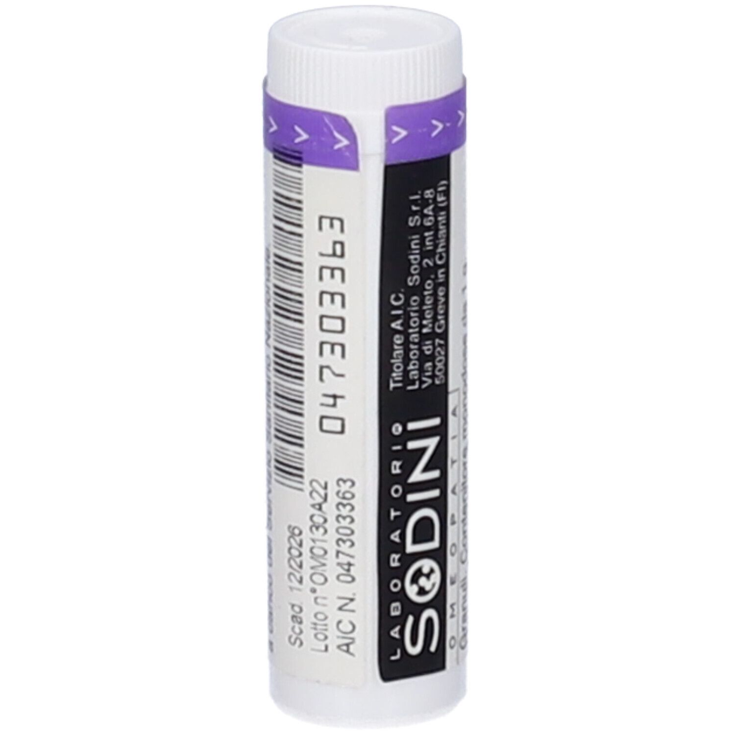 Contenitore cilindrico bianco con fascia viola. Scritta: SODINI. Codice a barre e numero di lotto.