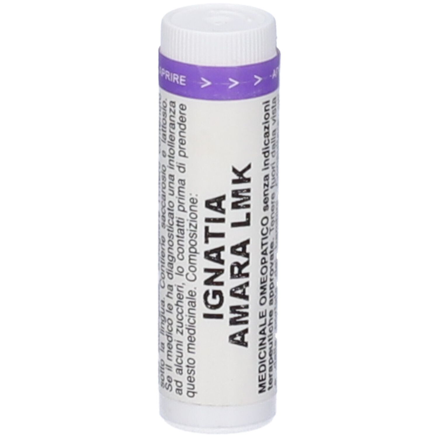 Contenitore cilindrico con tappo bianco e fascia viola. Scritta: IGNATIA AMARA LMK. Indicazioni mediche.