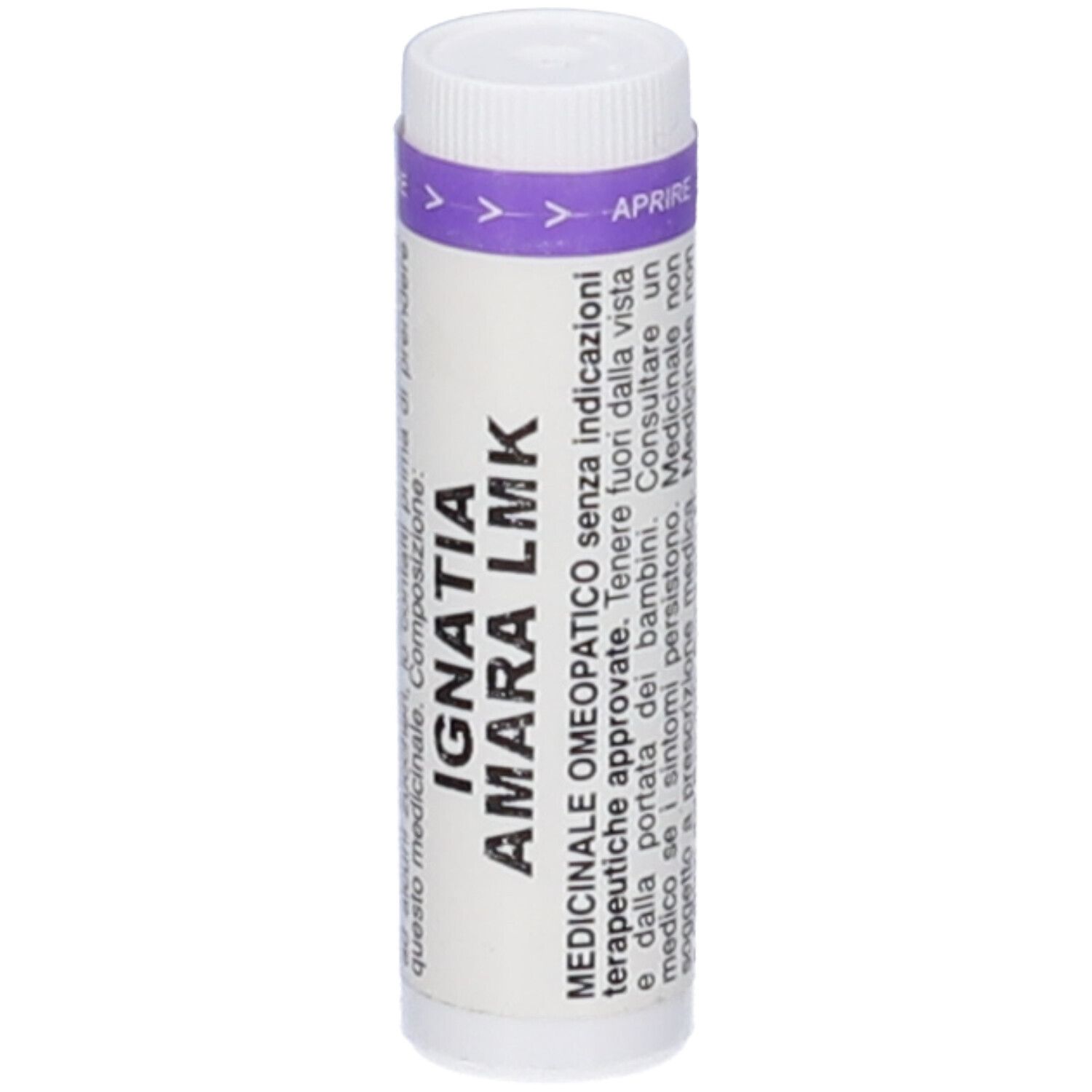 Contenitore cilindrico con tappo bianco e fascia viola. Scritta: IGNATIA AMARA LMK. Indicazioni mediche.