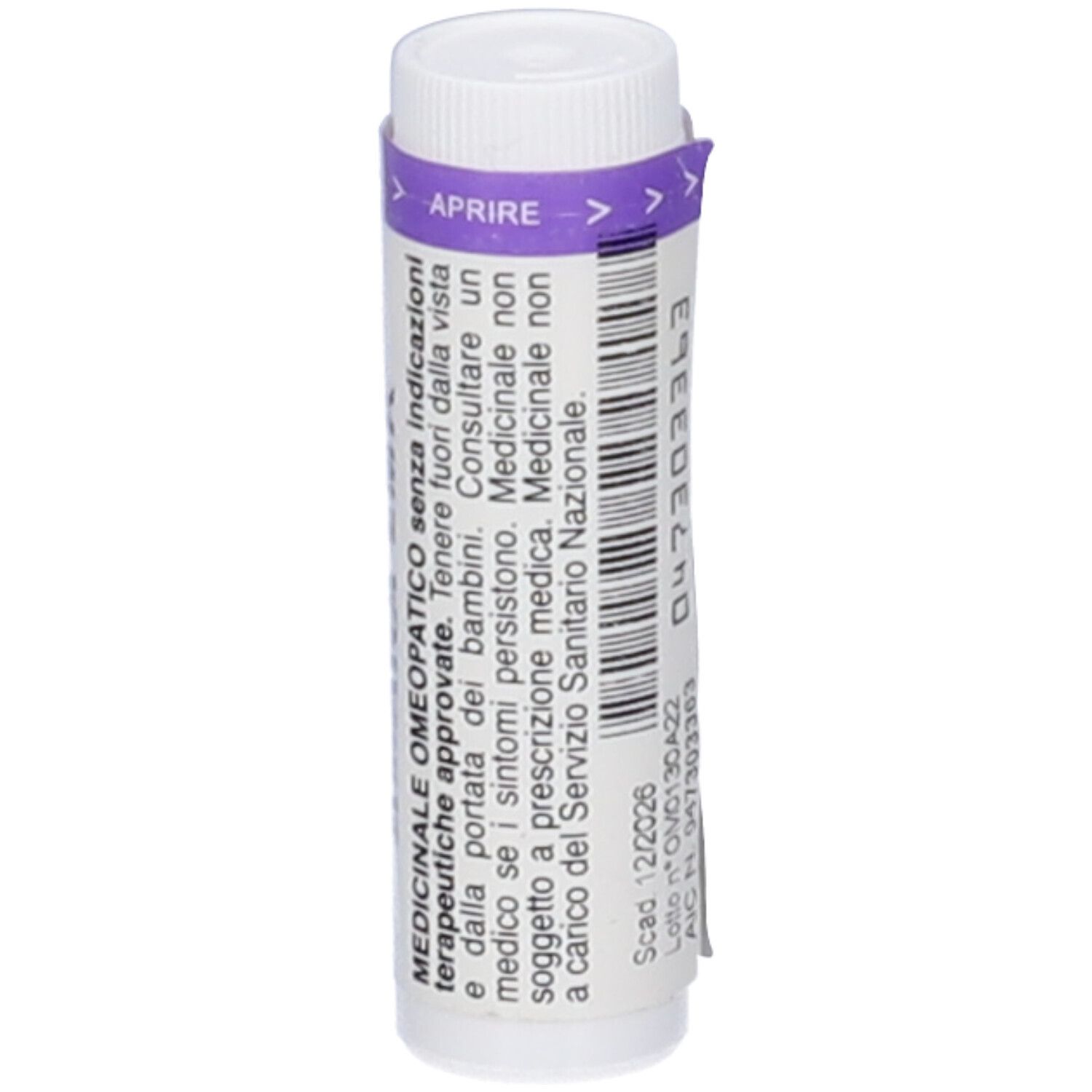 Contenitore cilindrico con tappo bianco e fascia viola. Scritta: IGNATIA AMARA LMK. Indicazioni mediche.