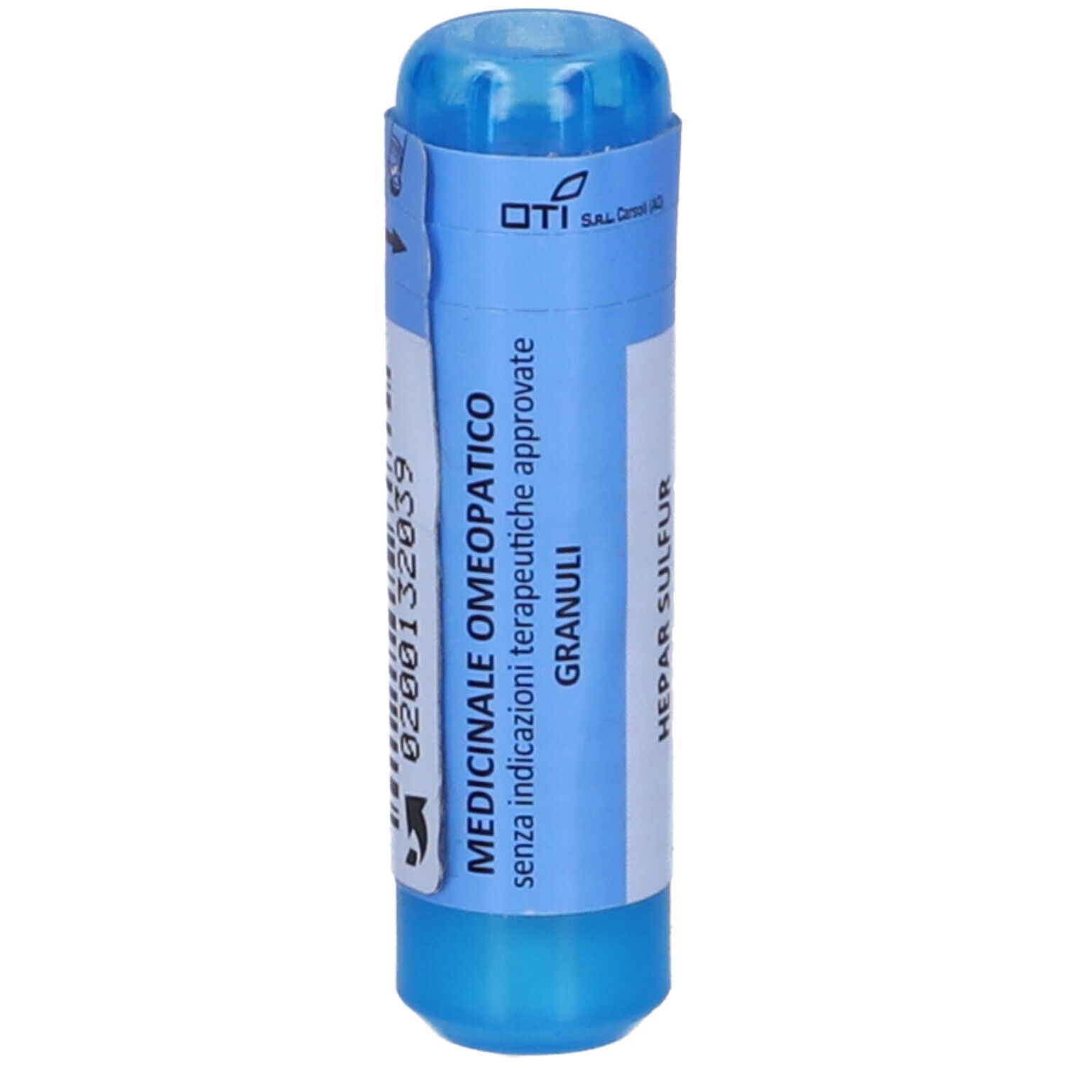 Confezione cilindrica blu e bianca. Scritta: MEDICINALE OMEOPATICO, Granuli. Logo OTI. Testo senza indicazioni terapeutiche.