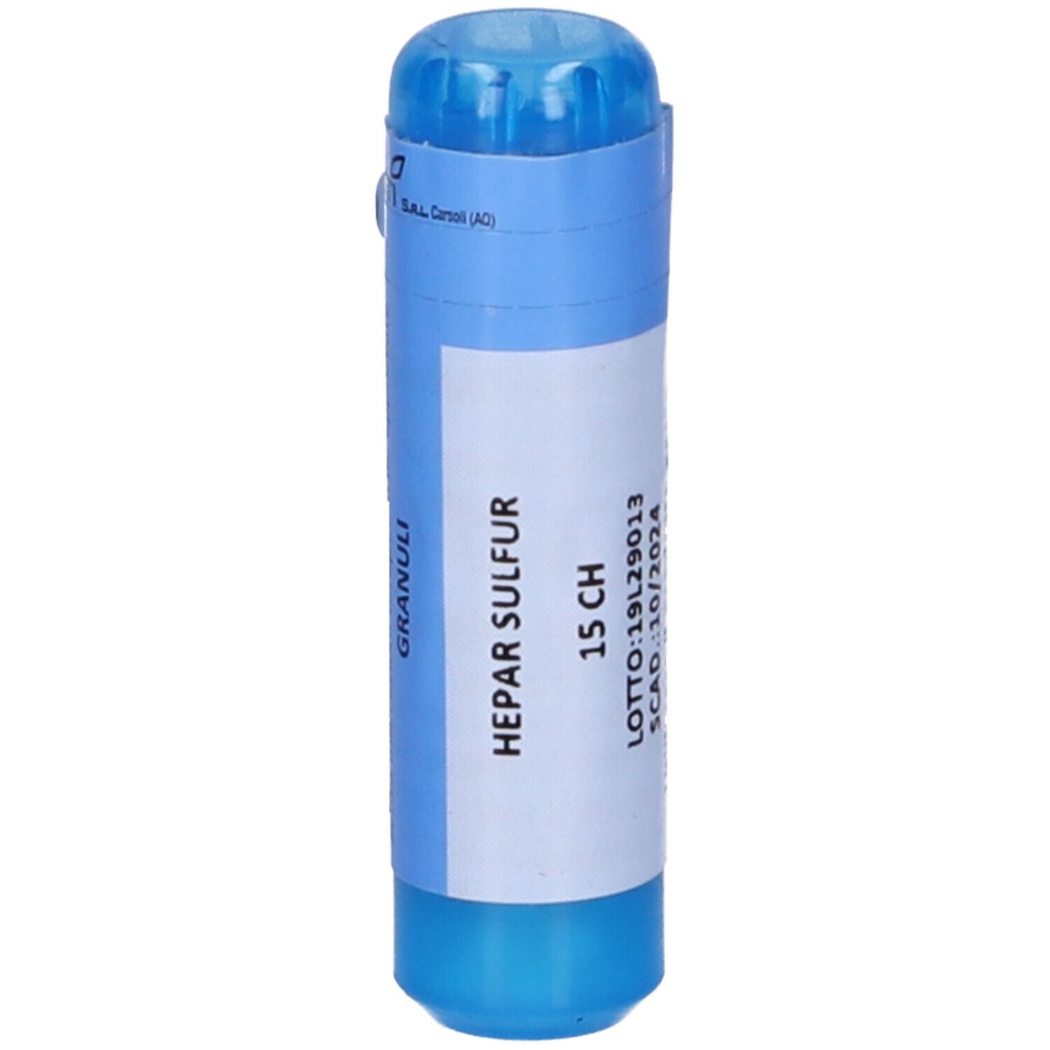 Confezione cilindrica blu e bianca. Scritta: HEPAR SULFUR 15 CH, Granuli. Numero di lotto e data di scadenza.