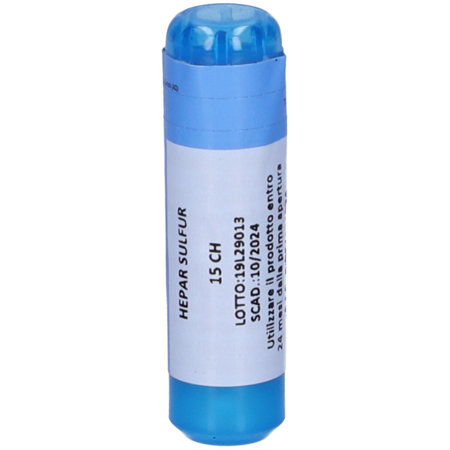 Confezione cilindrica blu e bianca. Scritta: HEPAR SULFUR 15 CH. Data di scadenza e istruzioni per l'uso.