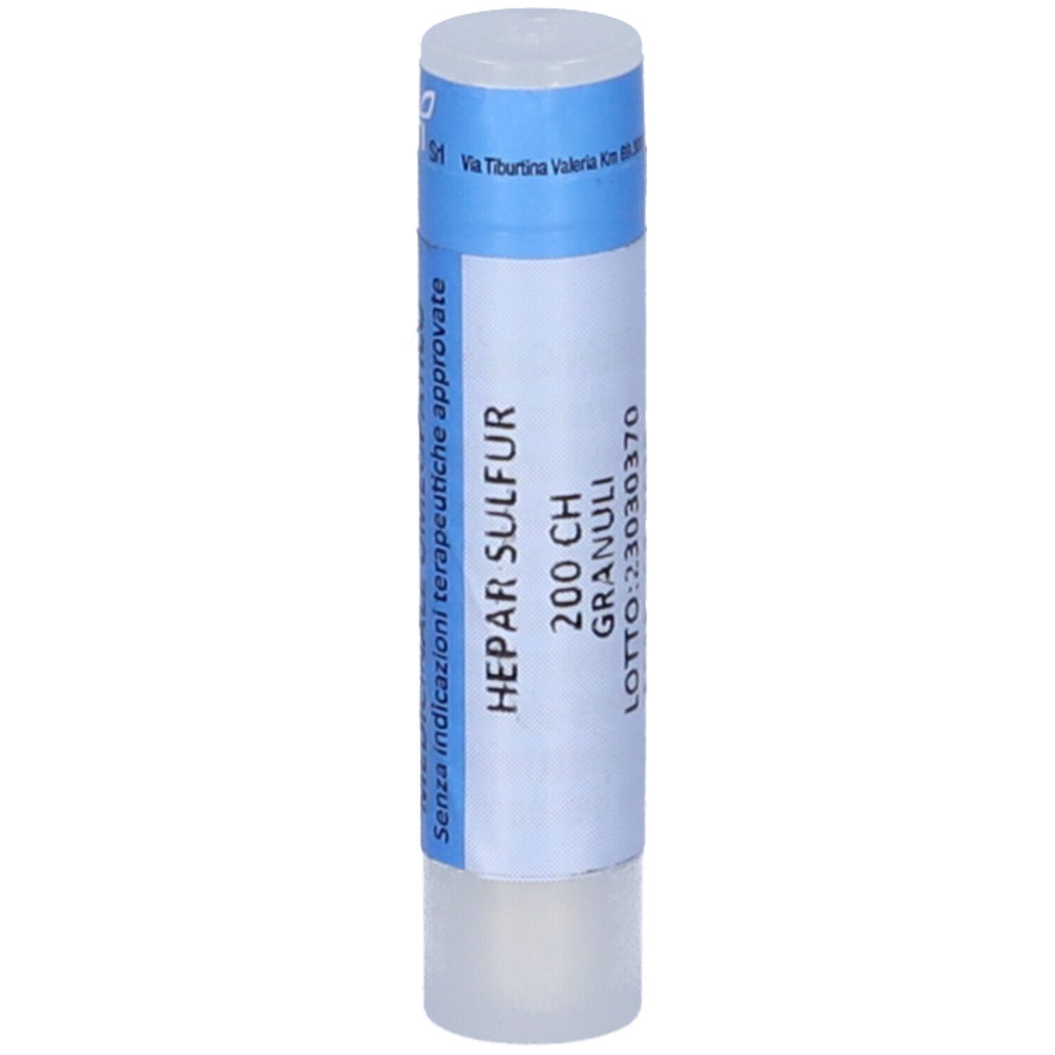 Confezione cilindrica. Scritta: HEPAR SULFUR 200 CH GRANULI. Etichetta bianca, coperchio blu.