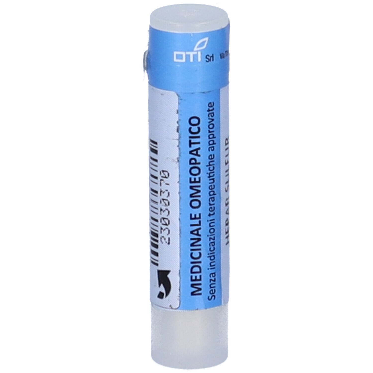 Confezione cilindrica. Scritta: MEDICINALE OMEOPATICO. Etichetta bianca, coperchio blu.