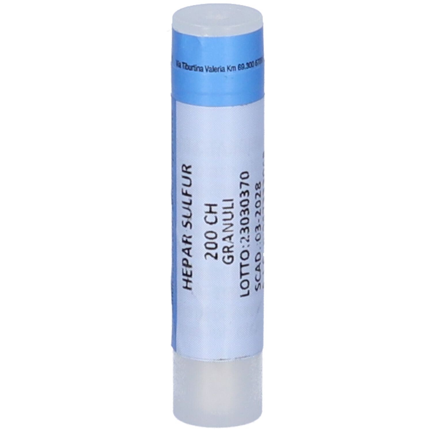 Confezione cilindrica. Scritta: HEPAR SULFUR 200 CH GRANULI. Etichetta bianca, coperchio blu.