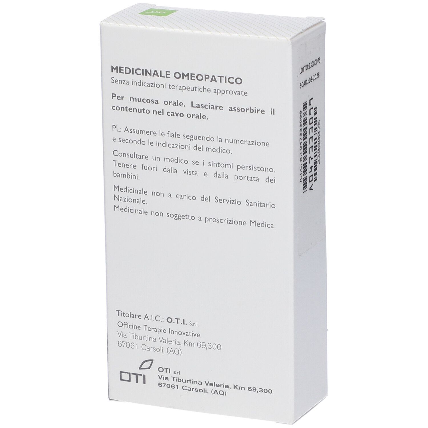 Retro della scatola. Testo: Medicinale, per uso orale. Informazioni produttore e logo OTI.