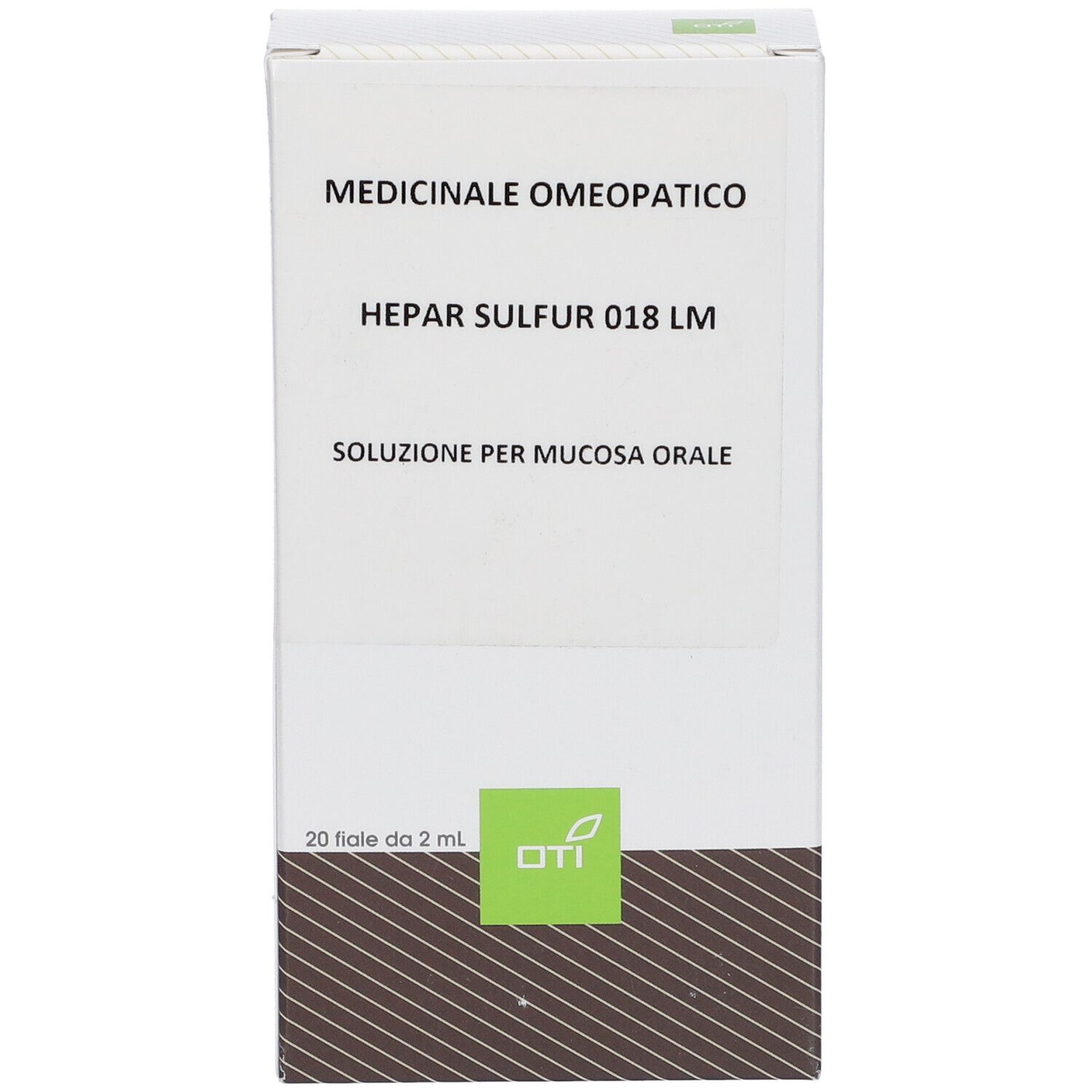 Scatola con scritta: Hepar Sulfur 018 LM, Soluzione per mucosa orale. 20 Fiale da 2 ml. Logo OTI.