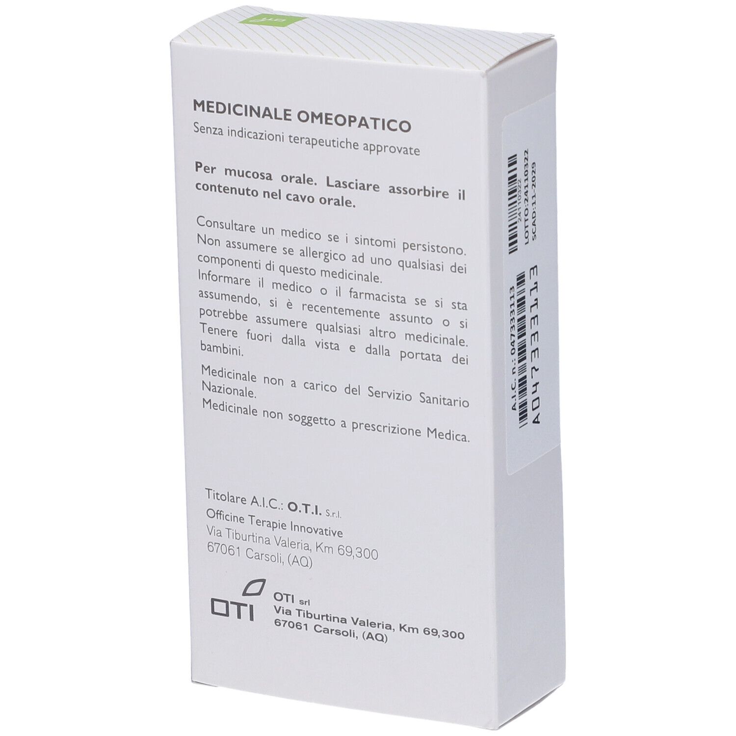 Retro della confezione. Informazioni testuali e indirizzo del produttore. Scritta: Medicinale.