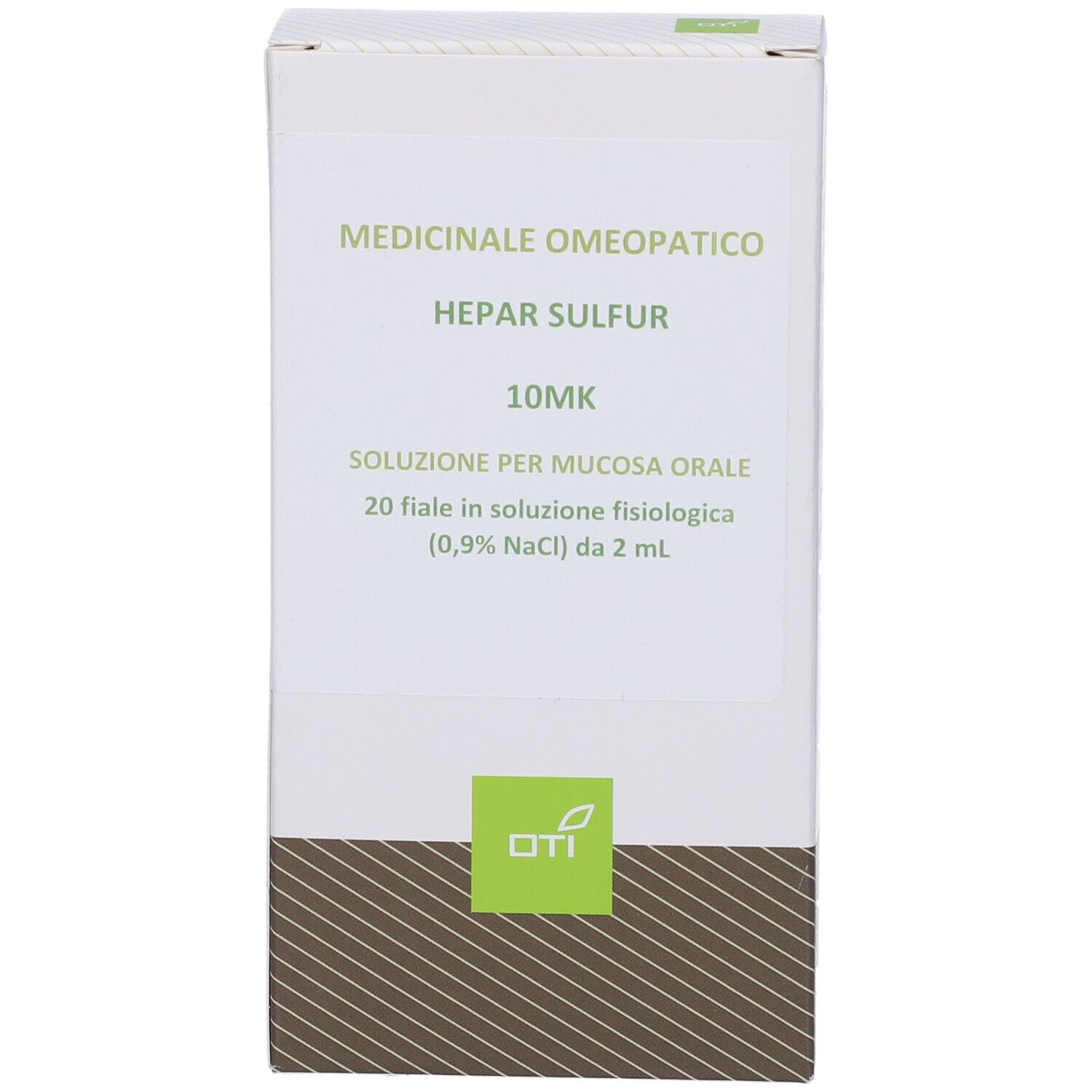 Confezione con fascia marrone. Scritta: Hepar Sulfur 10Mk, 20 fiale, soluzione per mucosa orale.
