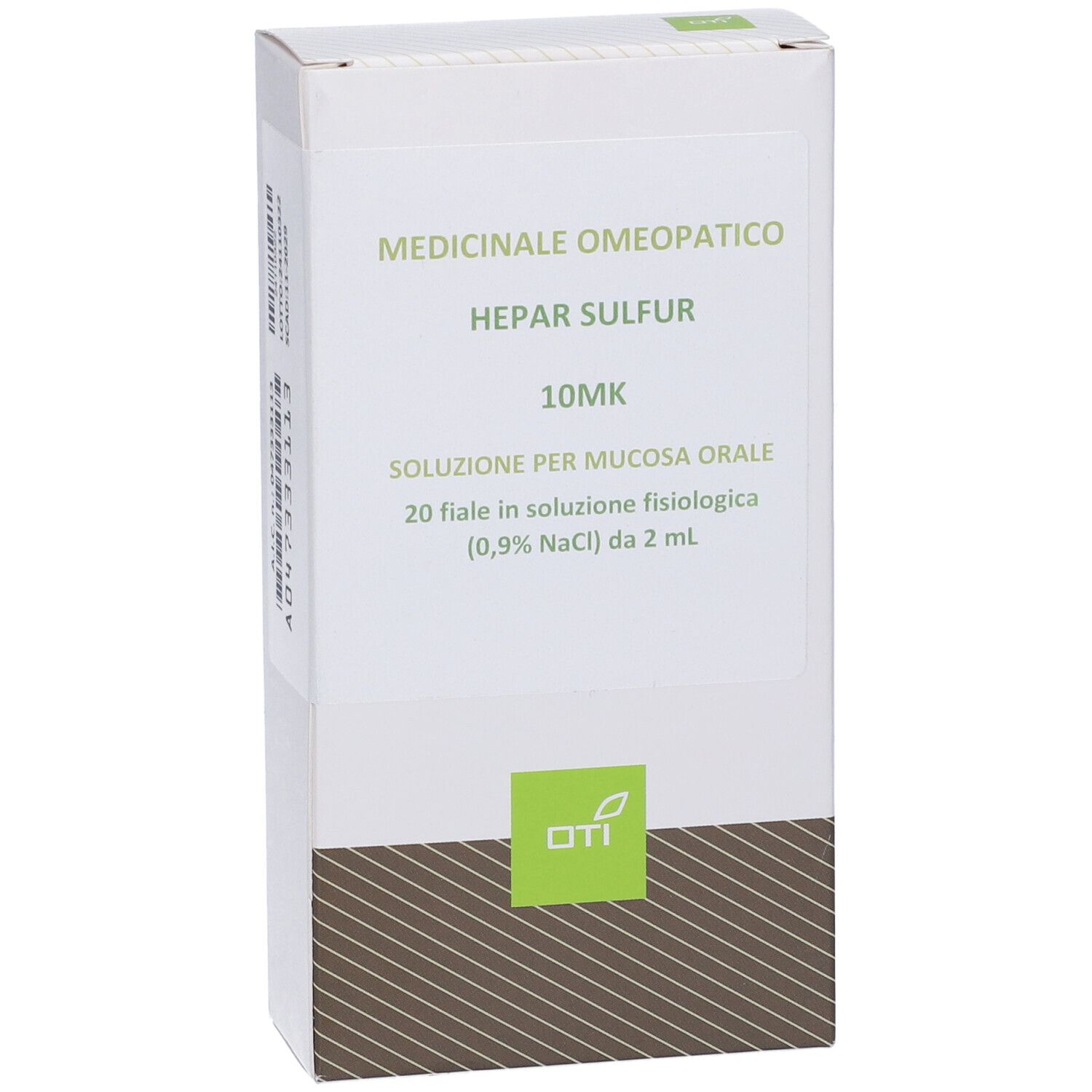 Confezione con fascia marrone. Scritta: Hepar Sulfur 10Mk, 20 fiale, soluzione per mucosa orale.