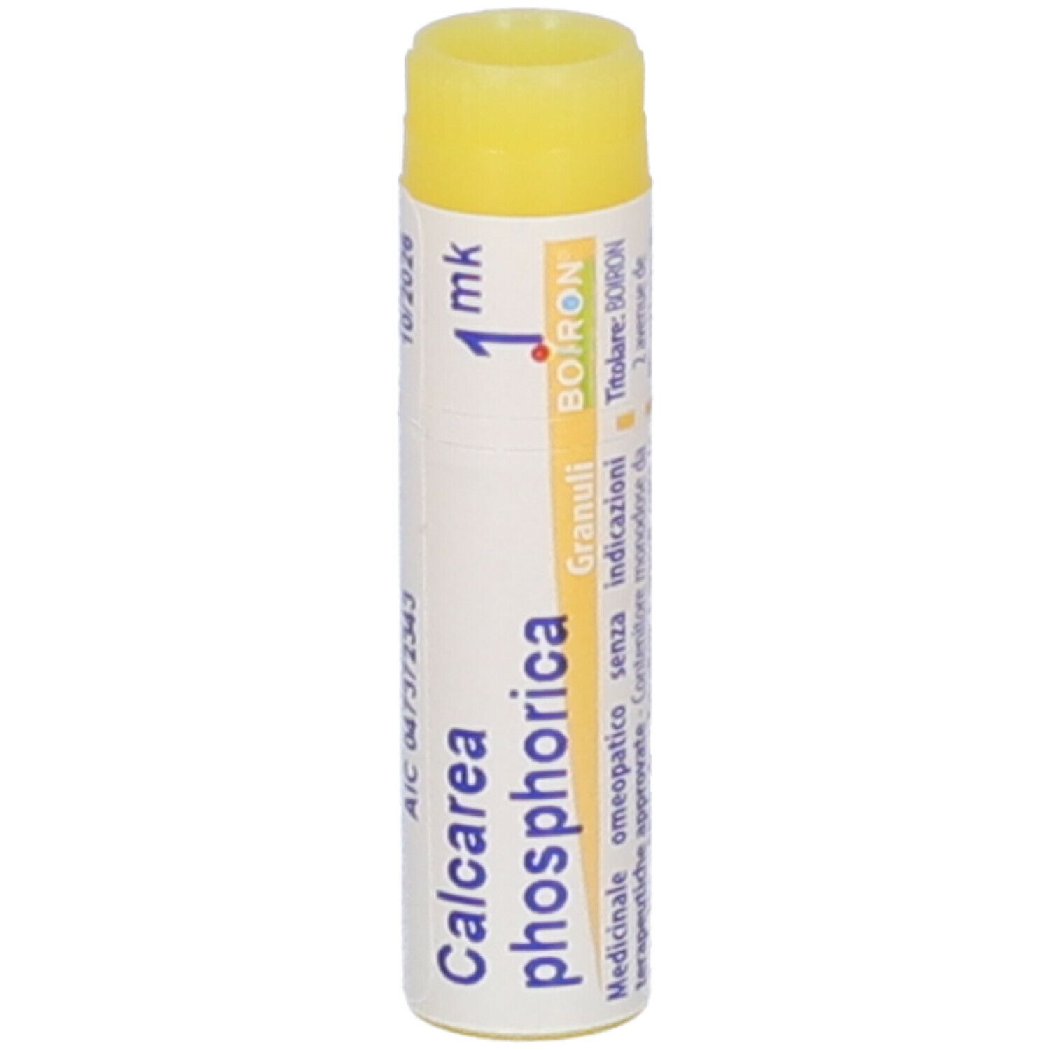 Confezione cilindrica con tappo giallo. Scritta: Calcarea phosphorica, 1 mk, Boiron, Granuli.