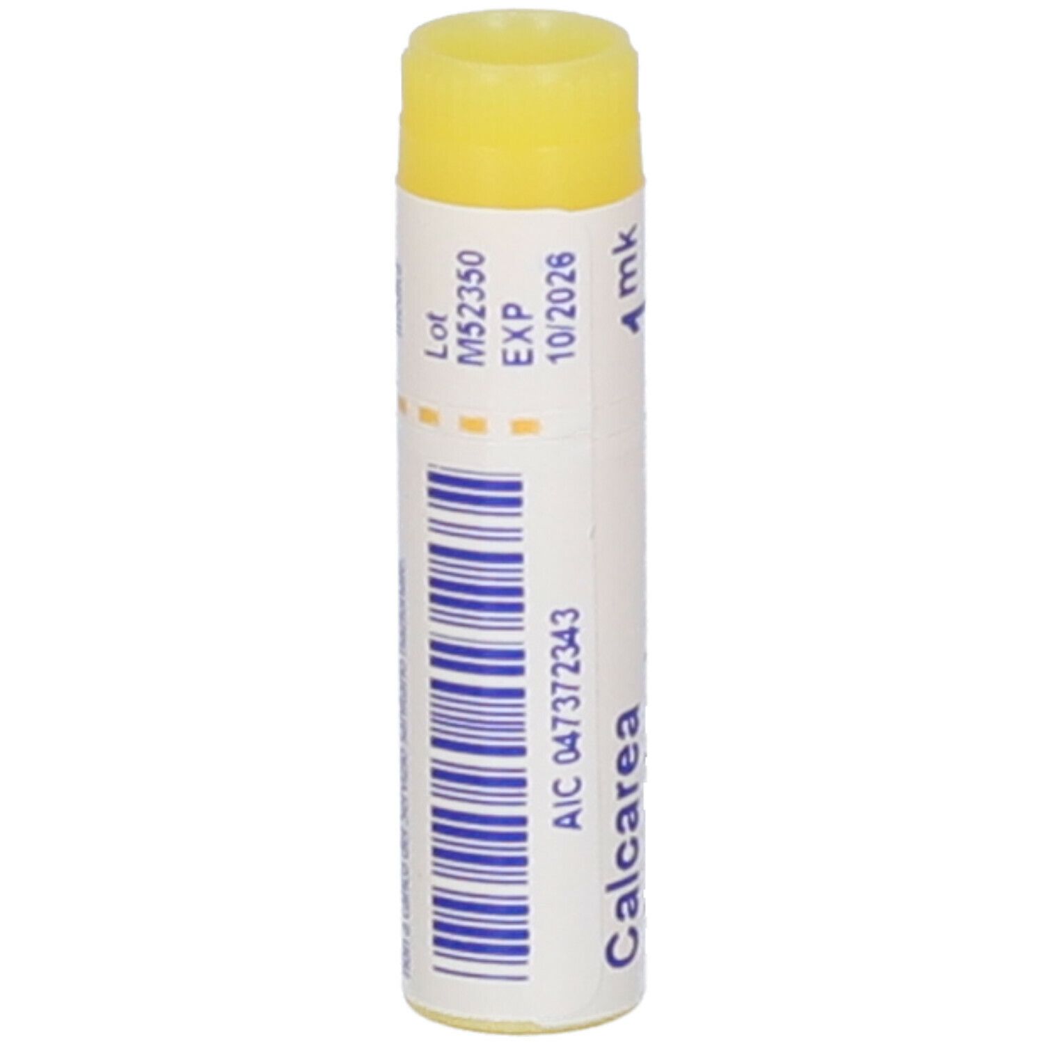 Confezione cilindrica con tappo giallo. Scritta: Calcarea, Lot, EXP, codice a barre.