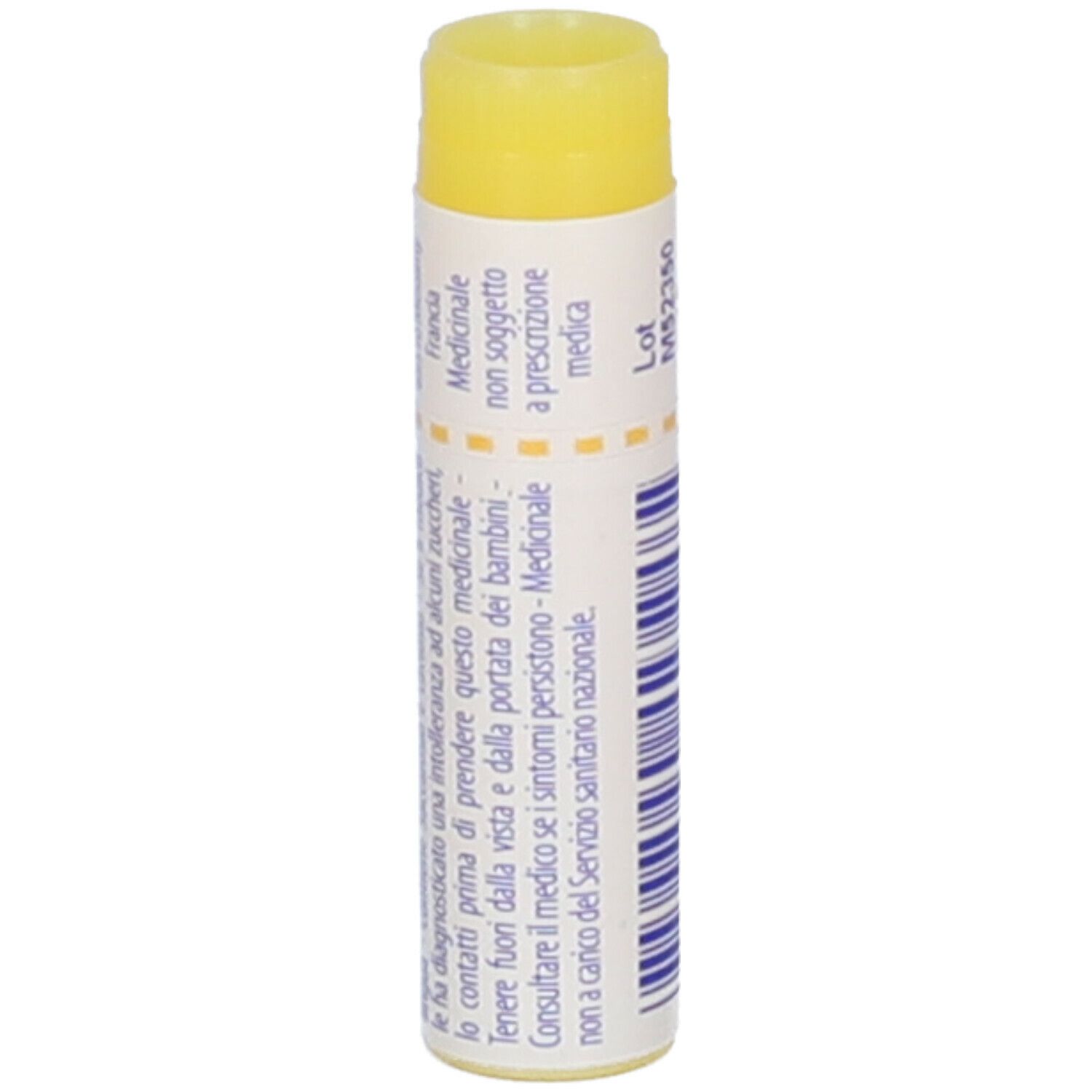 Confezione cilindrica con tappo giallo. Scritta: Medicinale non soggetto a prescrizione medica, codice a barre.
