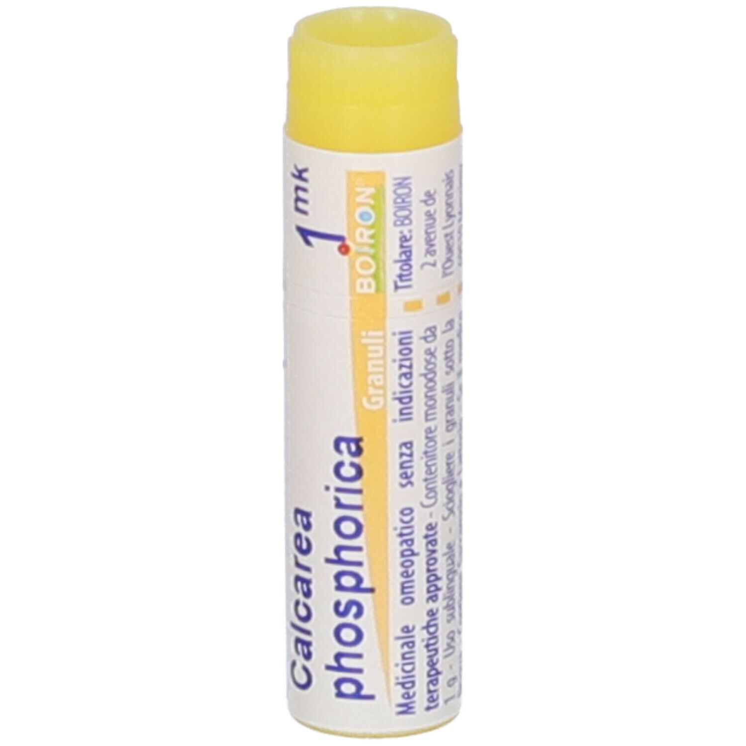 Confezione cilindrica con tappo giallo. Scritta: Calcarea phosphorica, 1 mk, Boiron, Granuli.