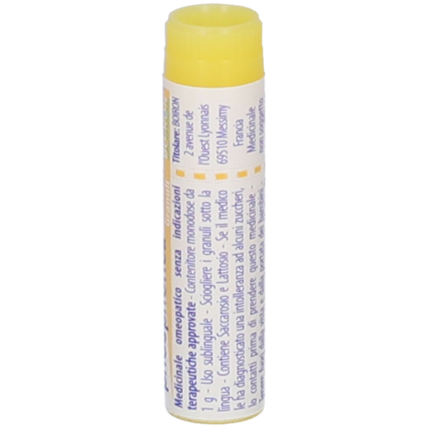 Confezione cilindrica con tappo giallo. Scritta: Medicinale, 1 g, Boiron, indirizzo, istruzioni per l'uso.