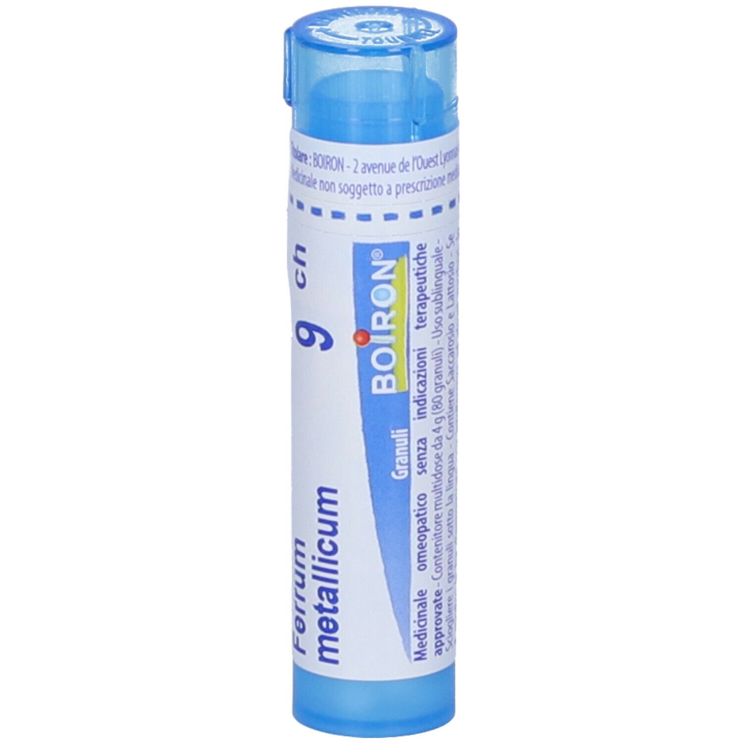 Confezione cilindrica blu. Scritta: Ferrum metallicum 9 ch, BOIRON, Granuli.