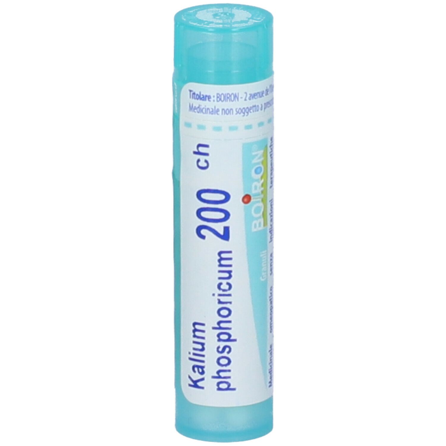 Confezione cilindrica azzurra. Scritta: Kalium phosphoricum 200 ch. Marchio Boiron. Vista verticale.