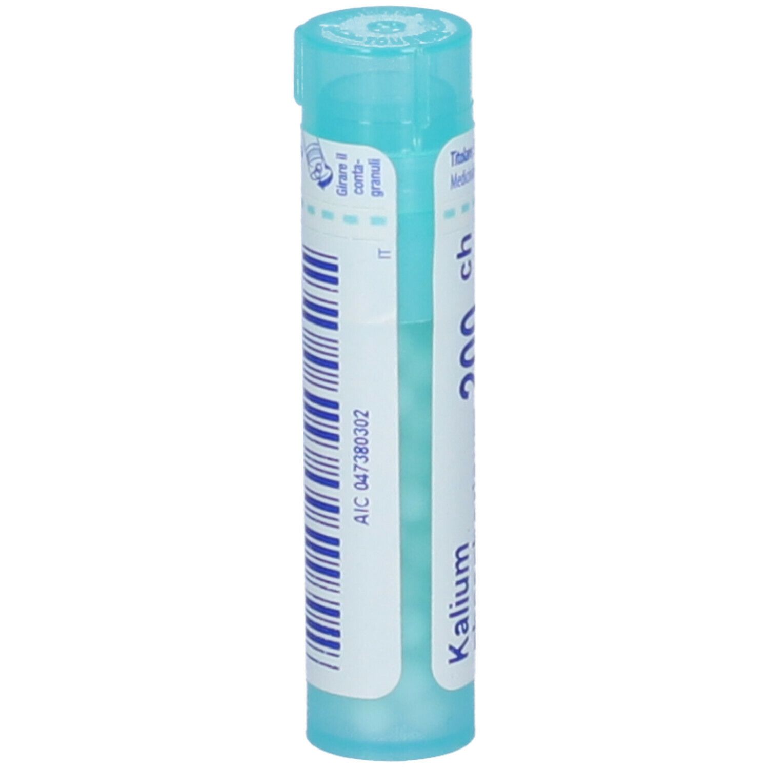 Confezione cilindrica azzurra. Scritta: Kalium 200 ch. Codice a barre e altre informazioni. Vista verticale.