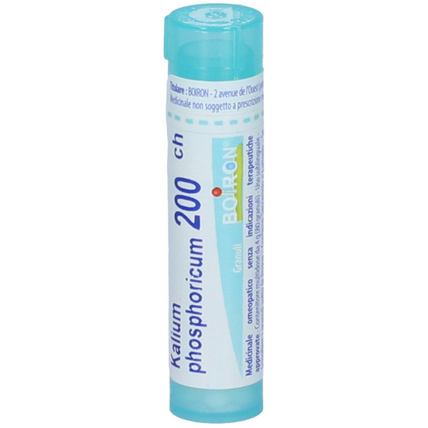 Confezione cilindrica azzurra. Scritta: Kalium phosphoricum 200 ch. Marchio Boiron. Vista verticale.