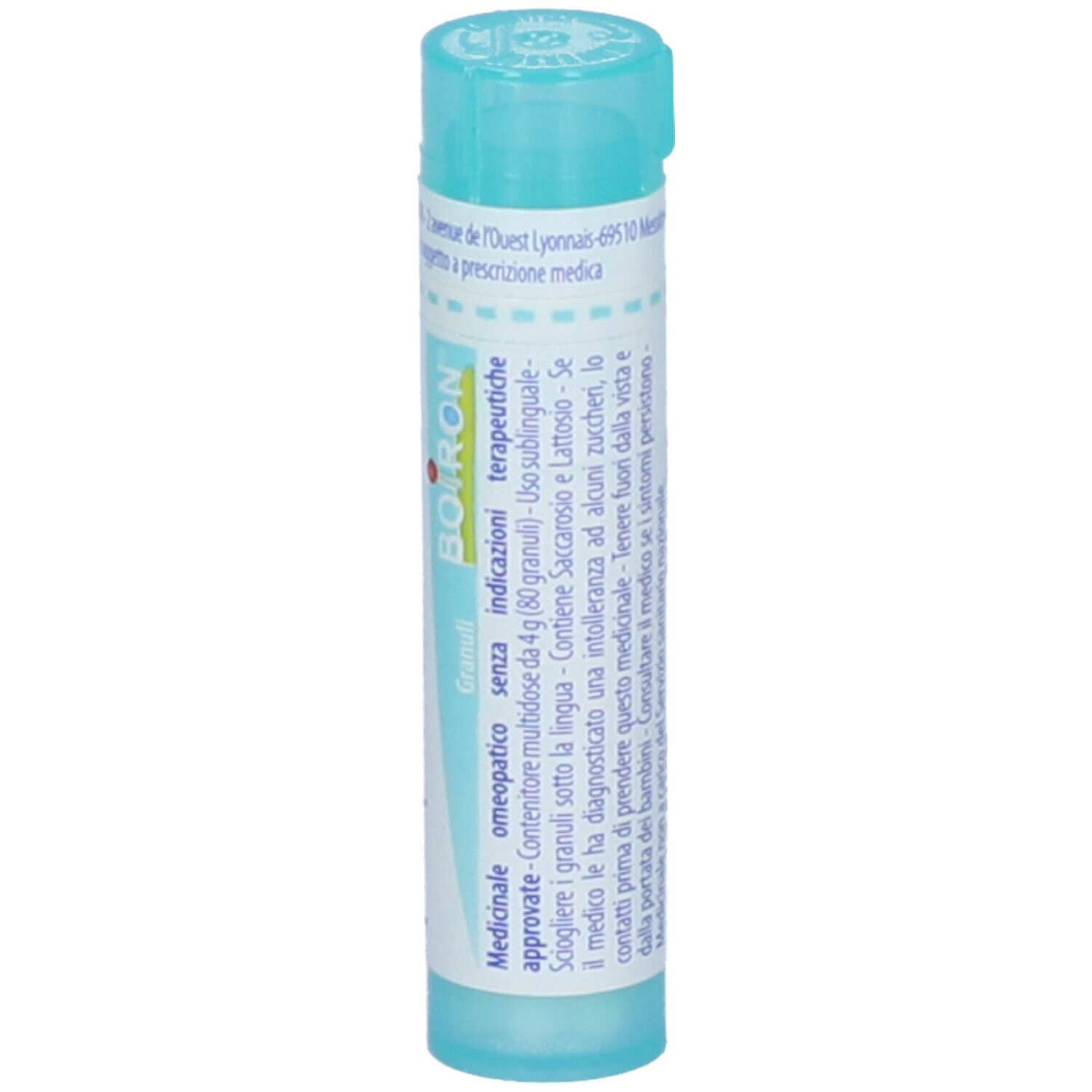 Confezione cilindrica azzurra. Scritte e informazioni. Marchio Boiron. Vista verticale.