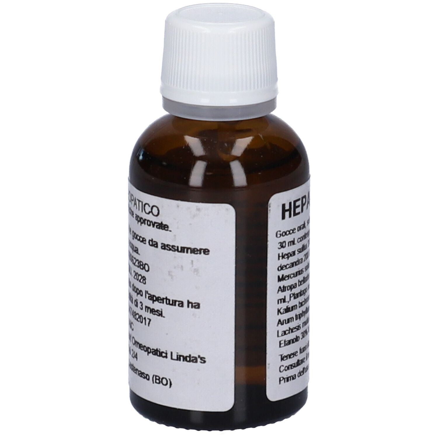 Flacone di vetro marrone con tappo bianco. Etichetta con informazioni sul prodotto. Medicinale omeopatico.