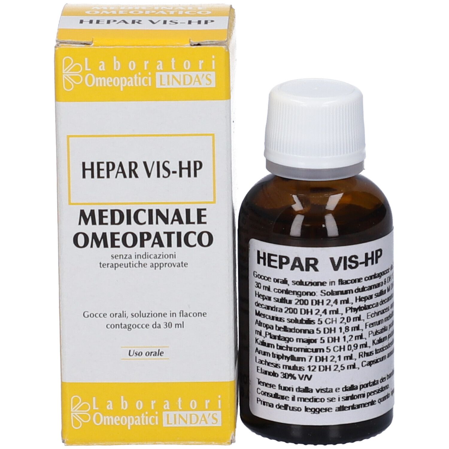 Flacone di vetro marrone e scatola. Nome del prodotto e informazioni sull'etichetta e sulla scatola. Medicinale omeopatico.