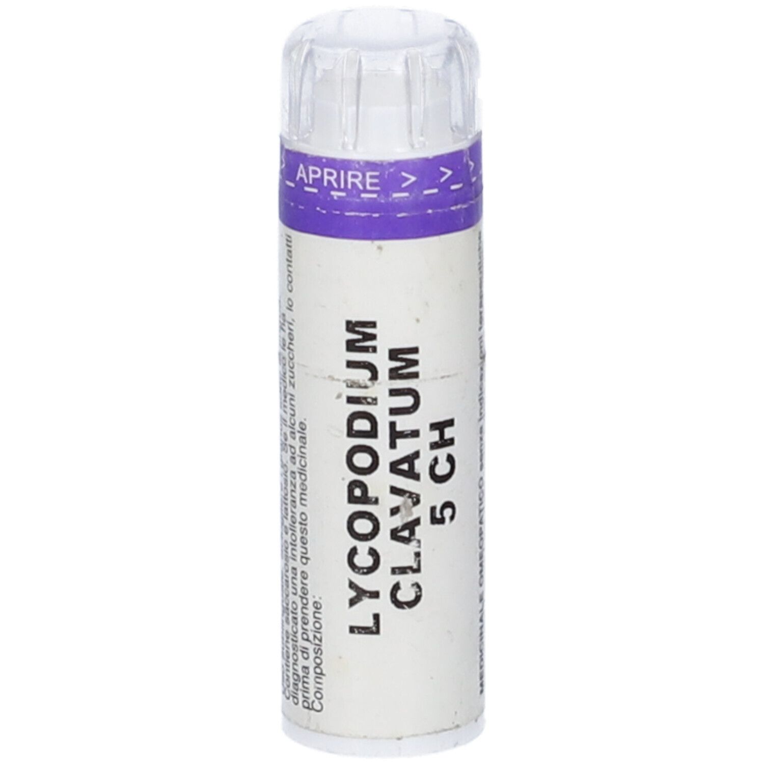 Flacone cilindrico bianco con tappo trasparente. Scritta: LYCOPODIUM CLAVATUM 5 CH.