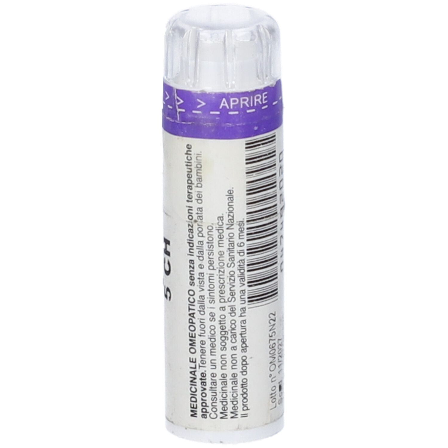 Flacone cilindrico con codice a barre e testo. Scritta: MEDICINALE OMEOPATICO. Altre informazioni testuali.