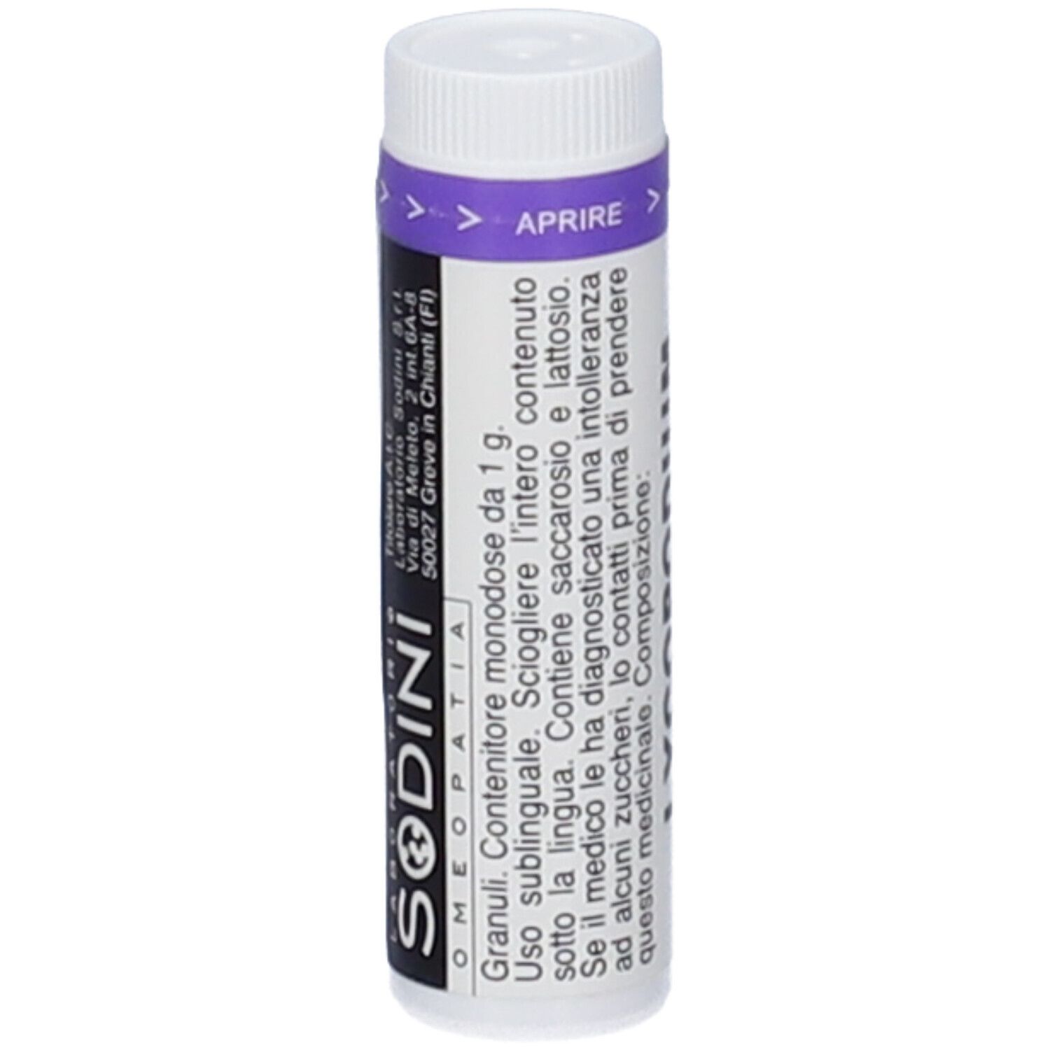 Tubo cilindrico con tappo bianco e fascia viola. Scritta: SODINI OMEOPATIA. Granuli Contenitore Monodose.