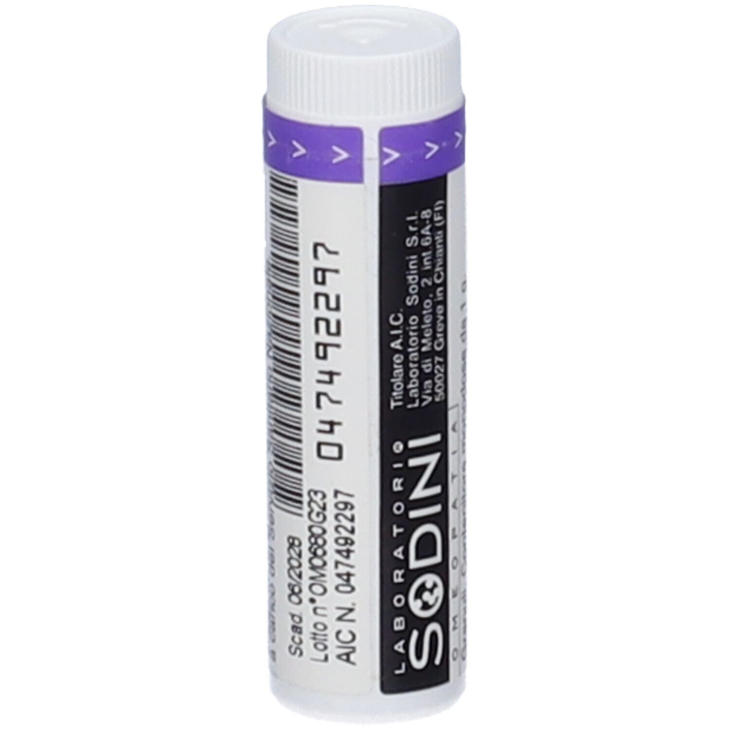 Tubo cilindrico con tappo bianco e fascia viola. Scritta: LABORATORIO SODINI. Codice 047492297.