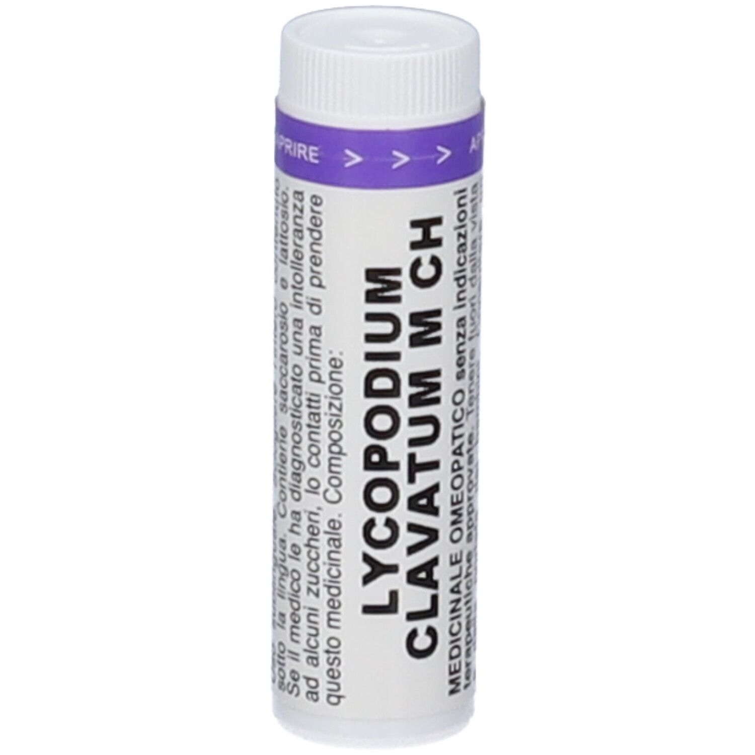 Tubo cilindrico con tappo bianco e fascia viola. Scritta: LYCOPODIUM CLAVATUM M CH. Indicazioni mediche.