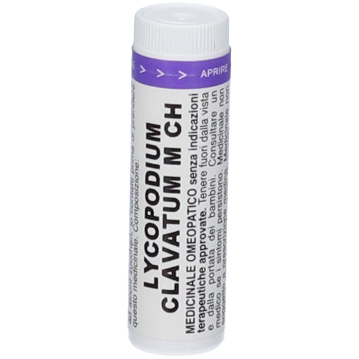 Tubo cilindrico con tappo bianco e fascia viola. Scritta: LYCOPODIUM CLAVATUM M CH. Indicazioni mediche.