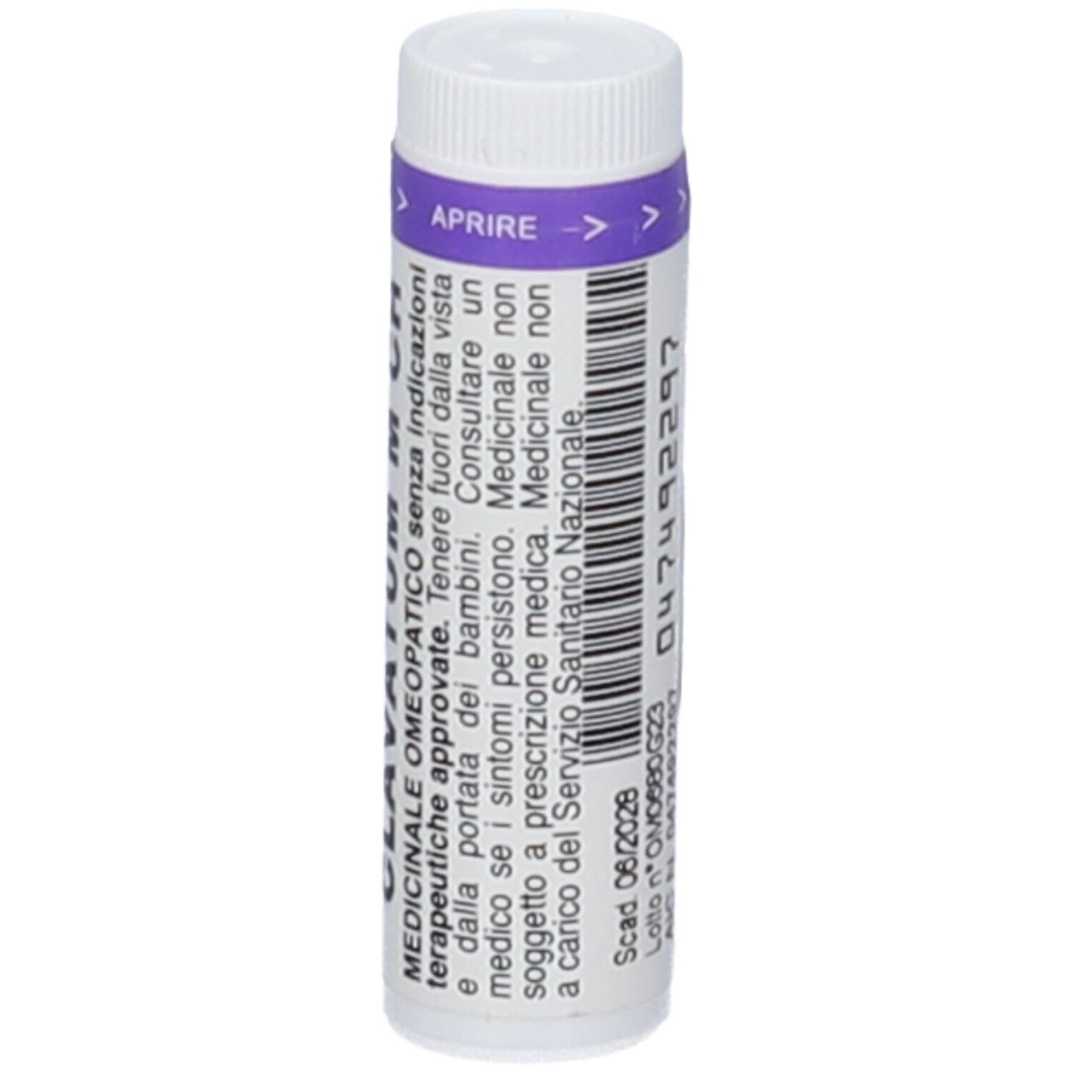 Tubo cilindrico con tappo bianco e fascia viola. Scritta: Indicazioni mediche. Codice 047492297.