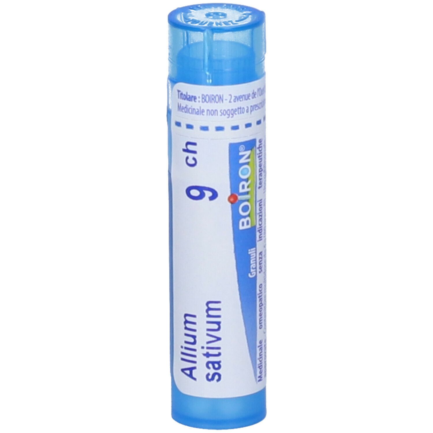 Tubo blu con testo bianco. Scritta: Allium sativum 9 ch, Boiron. Nome del prodotto e dosaggio.