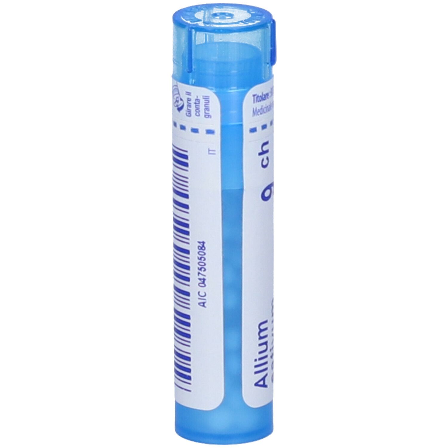 Tubo blu con testo bianco. Scritta: Allium sativum 9 ch, Boiron. Codice a barre e altre informazioni.