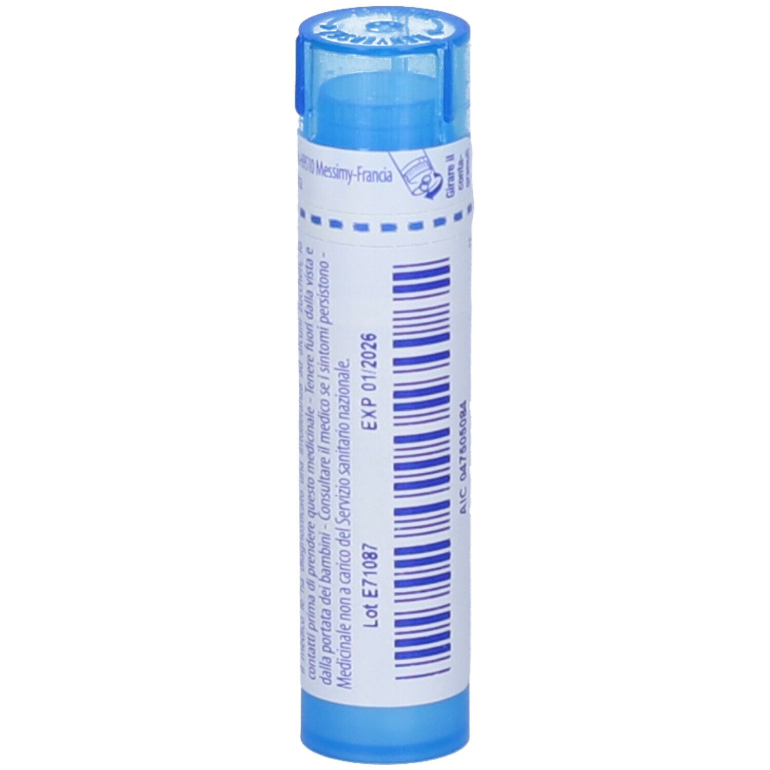 Tubo blu con testo bianco. Scritta: Allium sativum 9 ch, Boiron. Data di scadenza e altre informazioni.