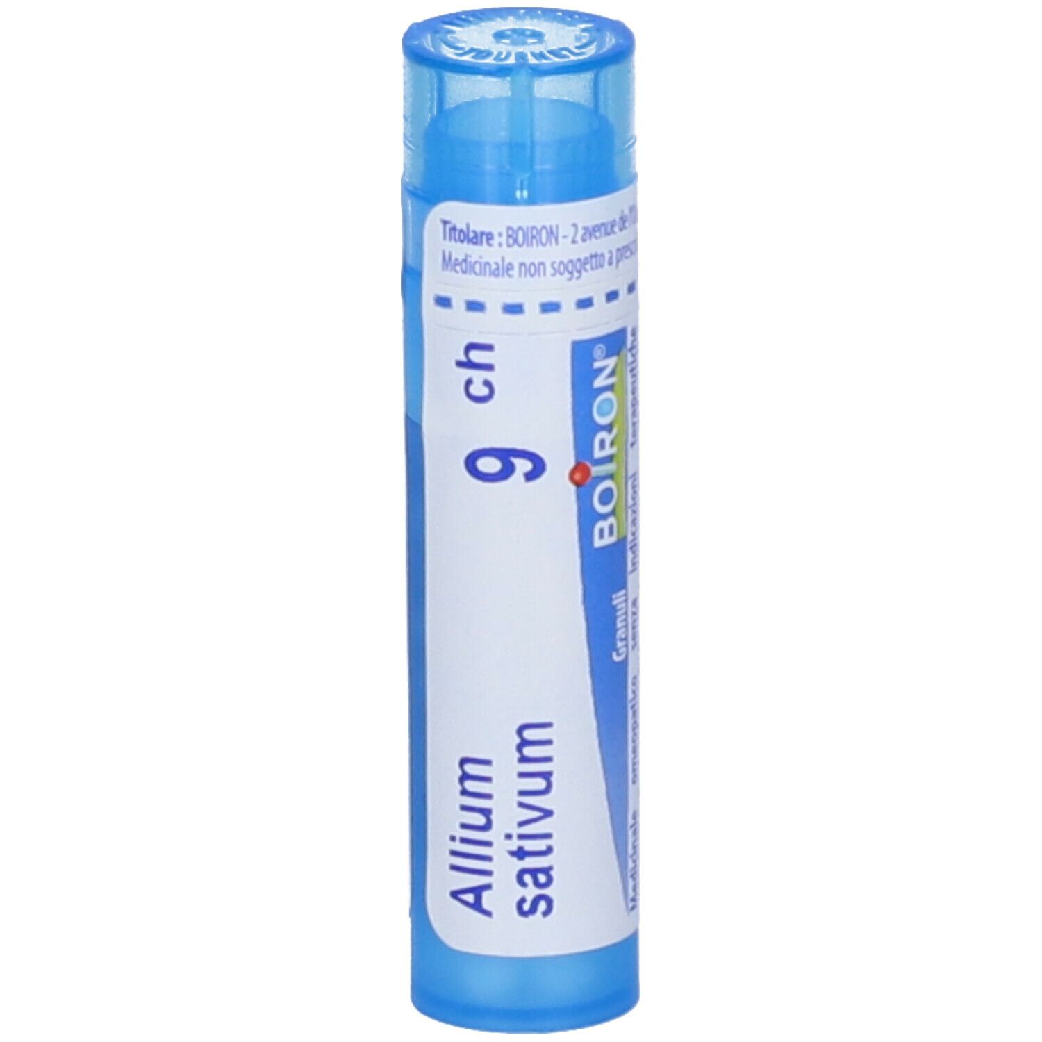 Tubo blu con testo bianco. Scritta: Allium sativum 9 ch, Boiron. Nome del prodotto e dosaggio.