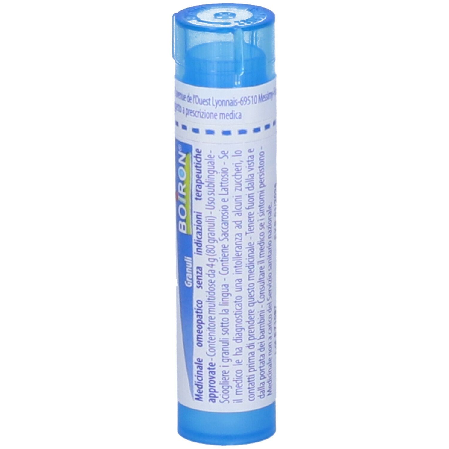 Tubo blu con testo bianco. Scritta: Allium sativum 9 ch, Boiron. Informazioni sul prodotto e dosaggio.