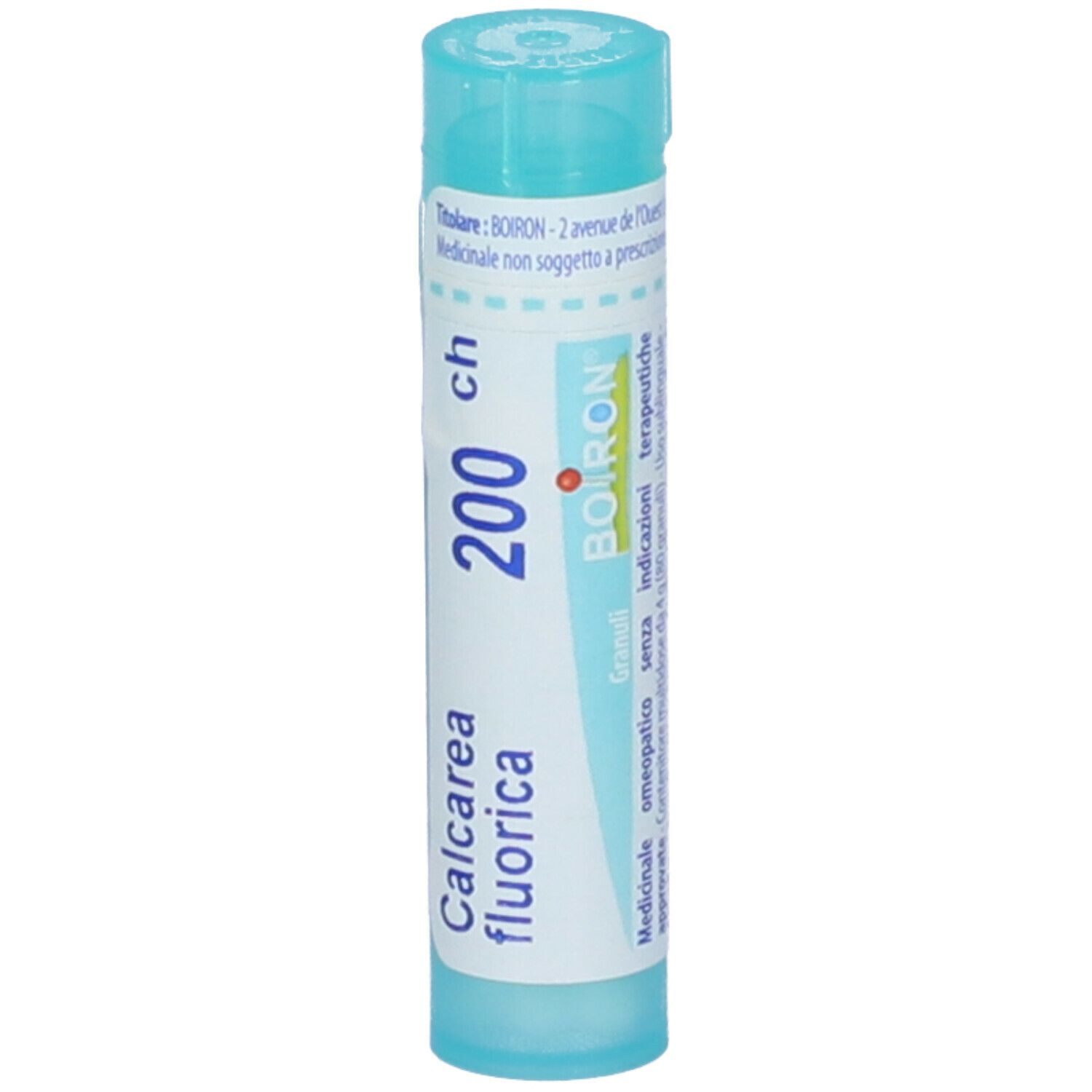 Confezione cilindrica con 'Calcarea fluorica 200 ch' e 'BOIRON'. Colori turchese e bianco. Granuli visibili.